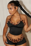 Sexy Lace-up Cropped Top Leopard Print Shorts Two-Piece Set