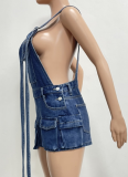 Blue Sexy Washed Denim Loose Multi-Pocket Overalls