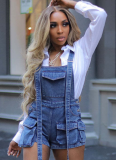 Blue Sexy Washed Denim Loose Multi-Pocket Overalls