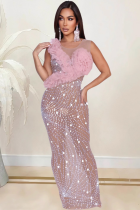 Pink Open Back Printed Round Neck Hip Dress