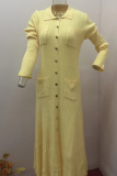 Yellow Lapel Fashionable Multi-Button Slim Fit Knitted Long Dress