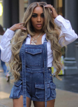 Blue Sexy Washed Denim Loose Multi-Pocket Overalls