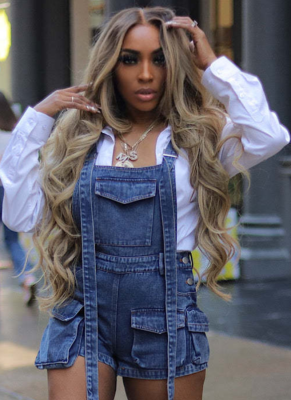 Blue Sexy Washed Denim Loose Multi-Pocket Overalls