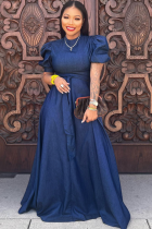 Navy Blue Round Neck Loose Tencel Linen Denim Dress