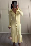 Yellow Lapel Fashionable Multi-Button Slim Fit Knitted Long Dress