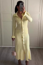 Yellow Lapel Fashionable Multi-Button Slim Fit Knitted Long Dress