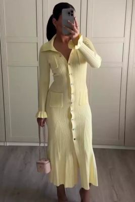 Yellow Lapel Fashionable Multi-Button Slim Fit Knitted Long Dress