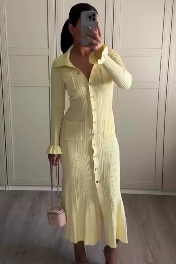 Yellow Lapel Fashionable Multi-Button Slim Fit Knitted Long Dress
