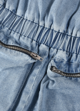Blue Sexy Denim Washed Short Chest Wrap Elastic Waist Jumpsuit