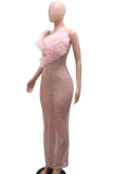 Pink Open Back Printed Round Neck Hip Dress