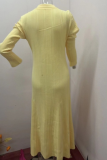 Yellow Lapel Fashionable Multi-Button Slim Fit Knitted Long Dress