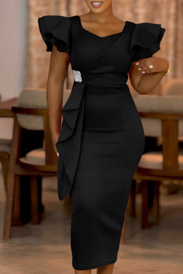 Fashionable And Elegant Ruffled Solid Color Hip Dress