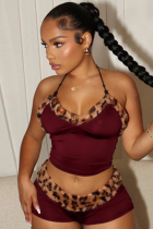 Sexy Lace-up Cropped Top Leopard Print Shorts Two-Piece Set