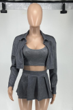 Washed Printed Shirt Vest Short Skirt Three-piece Set