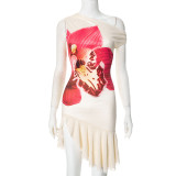 New Style Floral Print Boat Neck Dress With Slit Hem