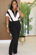 Spring And Summer Short-Sleeved Waist Stitching Contrast Color Sports Casual Jumpsuit
