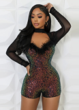 Sexy Long-sleeved Hollow Half-high Collar Sequined Mesh Jumpsuit