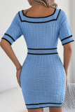 Elegant Square Neck Button Short Sleeve Knit Hip Dress