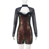 Sexy Long-sleeved Hollow Half-high Collar Sequined Mesh Jumpsuit