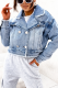 Light Blue Lapel Jacket Loose Washed Raw Edge Denim Women'S Long Sleeve Coat