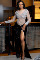 Apricot Round Neck High Slit Hot Diamond Dress Fashionable Dress