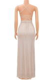Rose Gold Fashion Sexy Backless Lace-up Long Slit Dress