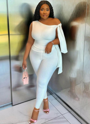 Casual Tie-Strap One-Shoulder Sleeve T-Shirt High Waist Hip-Pants Set