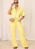 Solid Color Short-sleeved Shirt Collar Top Wide-leg Pants Suit