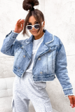 Light Blue Lapel Jacket Loose Washed Raw Edge Denim Women'S Long Sleeve Coat