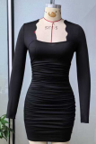 Black American Elegant Sexy Wave Neck Ruffle Long Sleeve Mini Dress