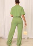 Solid Color Short-sleeved Shirt Collar Top Wide-leg Pants Suit