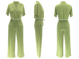 Solid Color Short-sleeved Shirt Collar Top Wide-leg Pants Suit
