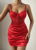 Lace Herringbone Stitching Perspective Sexy Wrinkled Hip Suspender Dress