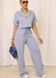 Solid Color Short-sleeved Shirt Collar Top Wide-leg Pants Suit