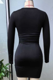 Black American Elegant Sexy Wave Neck Ruffle Long Sleeve Mini Dress