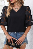 Summer Solid Color Simple V-Neck Lace Stitching Short-Sleeved Shirt