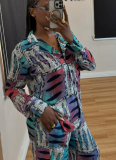 Casual Printed Shirt Long Sleeve Long Pants Two-Piece Set