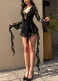 Lace Lotus Leaf Ribbon Long Sleeves With Safety Pants Dress