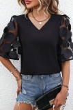 Summer Solid Color Simple V-Neck Lace Stitching Short-Sleeved Shirt