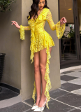 Lace Lotus Leaf Ribbon Long Sleeves With Safety Pants Dress