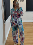 Casual Printed Shirt Long Sleeve Long Pants Two-Piece Set