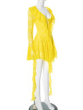 Lace Lotus Leaf Ribbon Long Sleeves With Safety Pants Dress