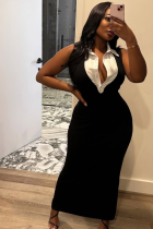Fashion Contrast Color Stitching Slim Fit Sexy Lapel Sleeveless Hip-Wrapped Slit Dress