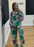 Casual Printed Shirt Long Sleeve Long Pants Two-Piece Set
