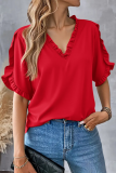 Summer Simple Solid Color Short-Sleeved Ruffled V-Neck Shirt Top