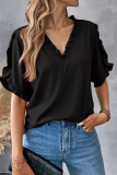Summer Simple Solid Color Short-Sleeved Ruffled V-Neck Shirt Top