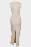 Fashion Contrast Color Stitching Slim Fit Sexy Lapel Sleeveless Hip-Wrapped Slit Dress