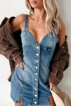 Blue Summer New Cardigan Suspenders Retro Denim Dress