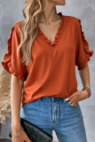 Summer Simple Solid Color Short-Sleeved Ruffled V-Neck Shirt Top