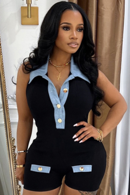 Black Denim Contrast Summer Women'S Jumpsuit Shorts